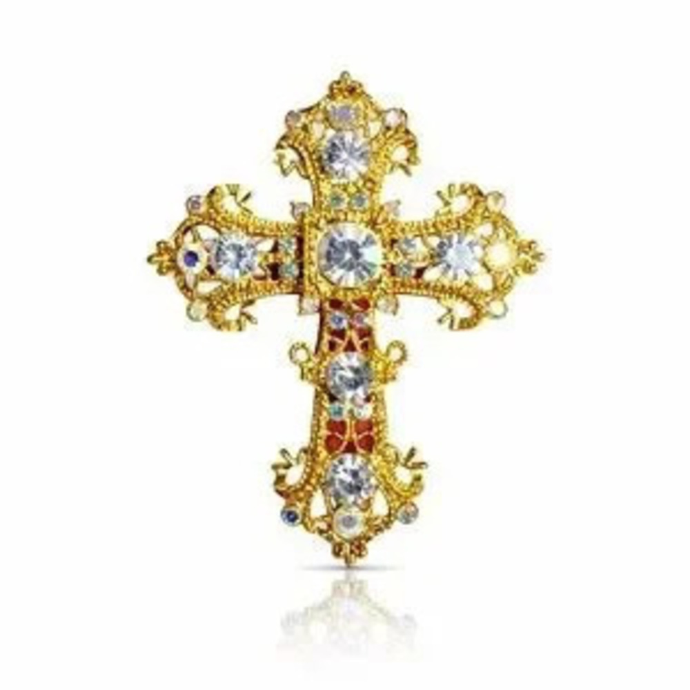Gold-Tone Crystal Cross Brooch - Elegant Womens Jewelry